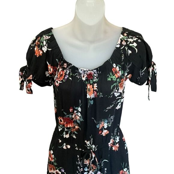 Band Of Gypsies Jumpsuit Elastic Neckline Off Shoulder Black Floral Print Small - Picture 9 of 13